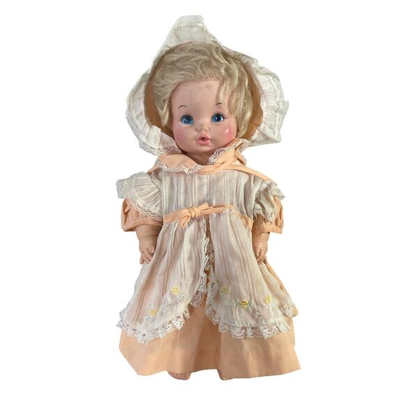 Vintage Eegee Softina Baby Doll Peach Dress Bonnet 1950s Vinyl 17” EG Marked - Picture 1 of 13
